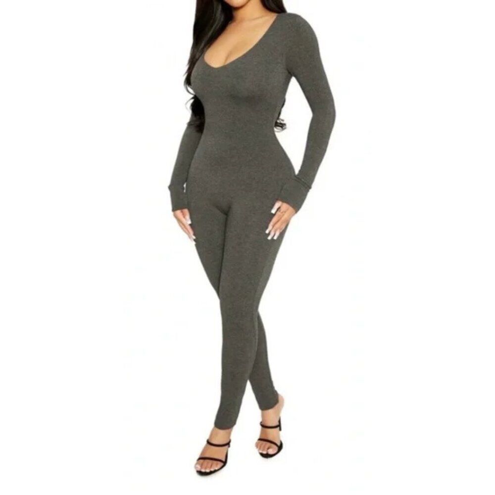 Naked Wardrobe Gray Sculpt V-Neck Jumpsuit Size Medium Neutral